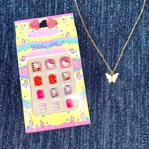 🌟5/$15 Girl’s🎁Bundle: Butterfly Necklace (Wht)Hello Kitty Nails&Heart Earrings